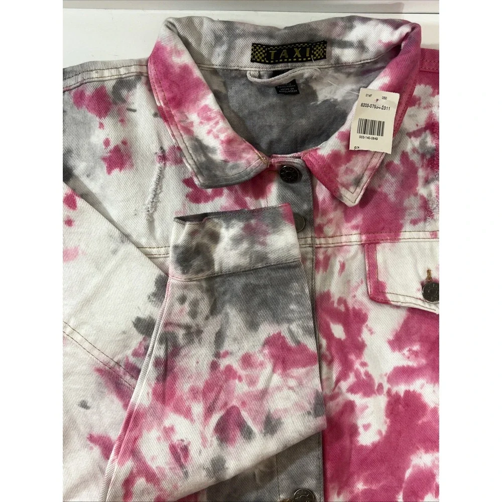 TAXI Cropped Jacket Pink Women's 2X Tie Dye Retro Denim Distressed Tassle Art